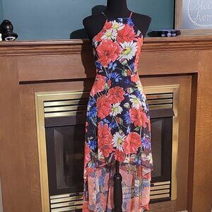 Tropical Floral High Low Dress Lace Up Corset Style Open Back Size 3/4
